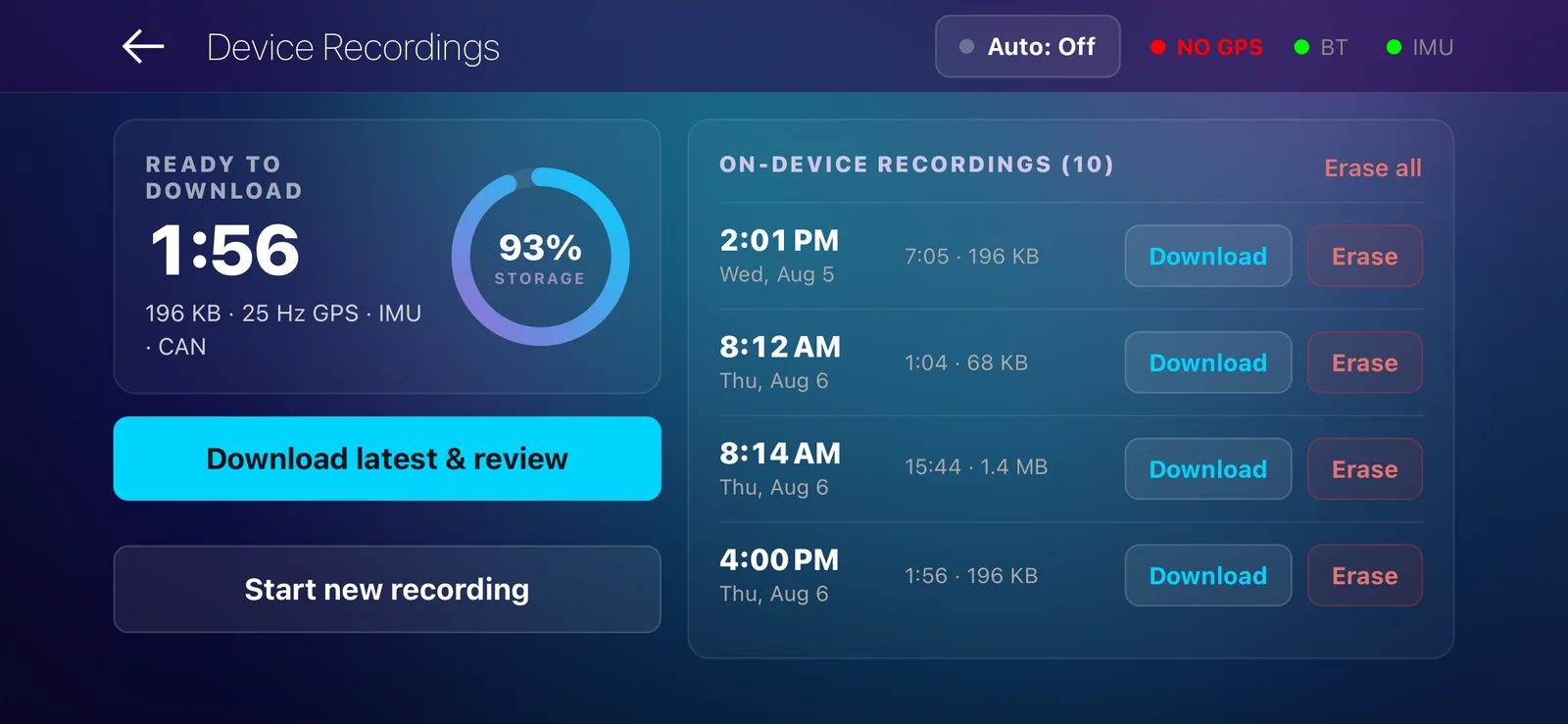 DashCAN device recordings: sessions stored on the Apex, ready to download