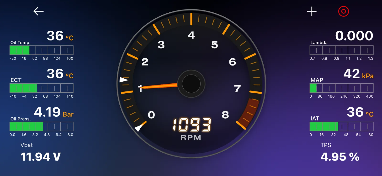 DashCAN live dashboard: RPM gauge with oil temperature, coolant, oil pressure, lambda, MAP and intake air temperature