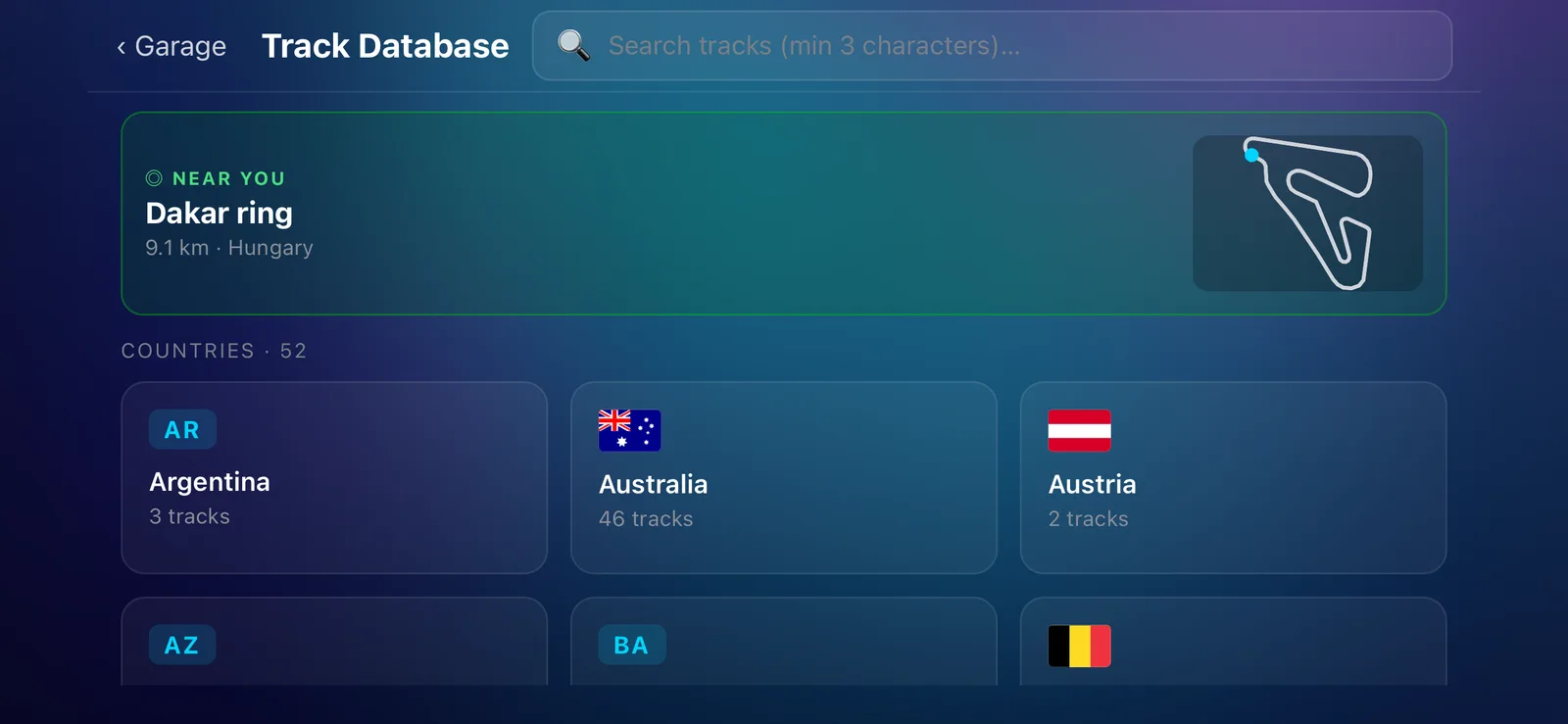 DashCAN track database: the nearest track on top, then the tracks by country