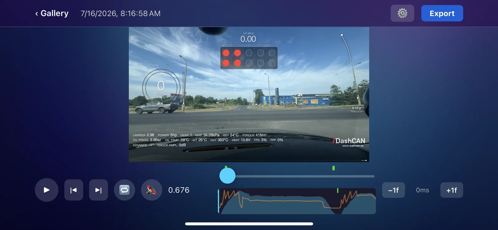 DashCAN app performance HUD with drag-style start lights on recorded video