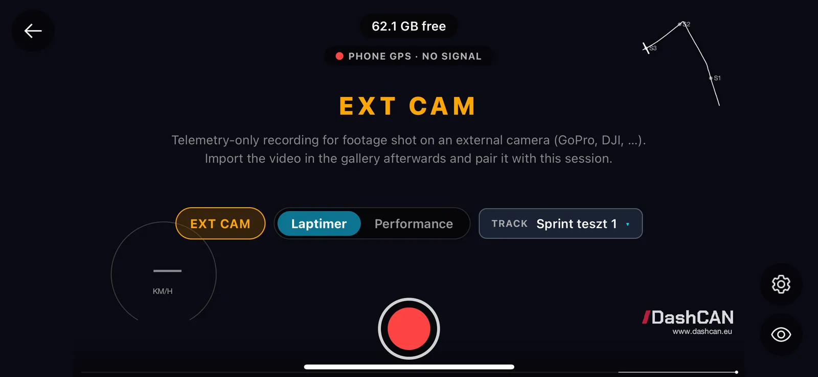 DashCAN EXT CAM mode recording telemetry only while an external camera films
