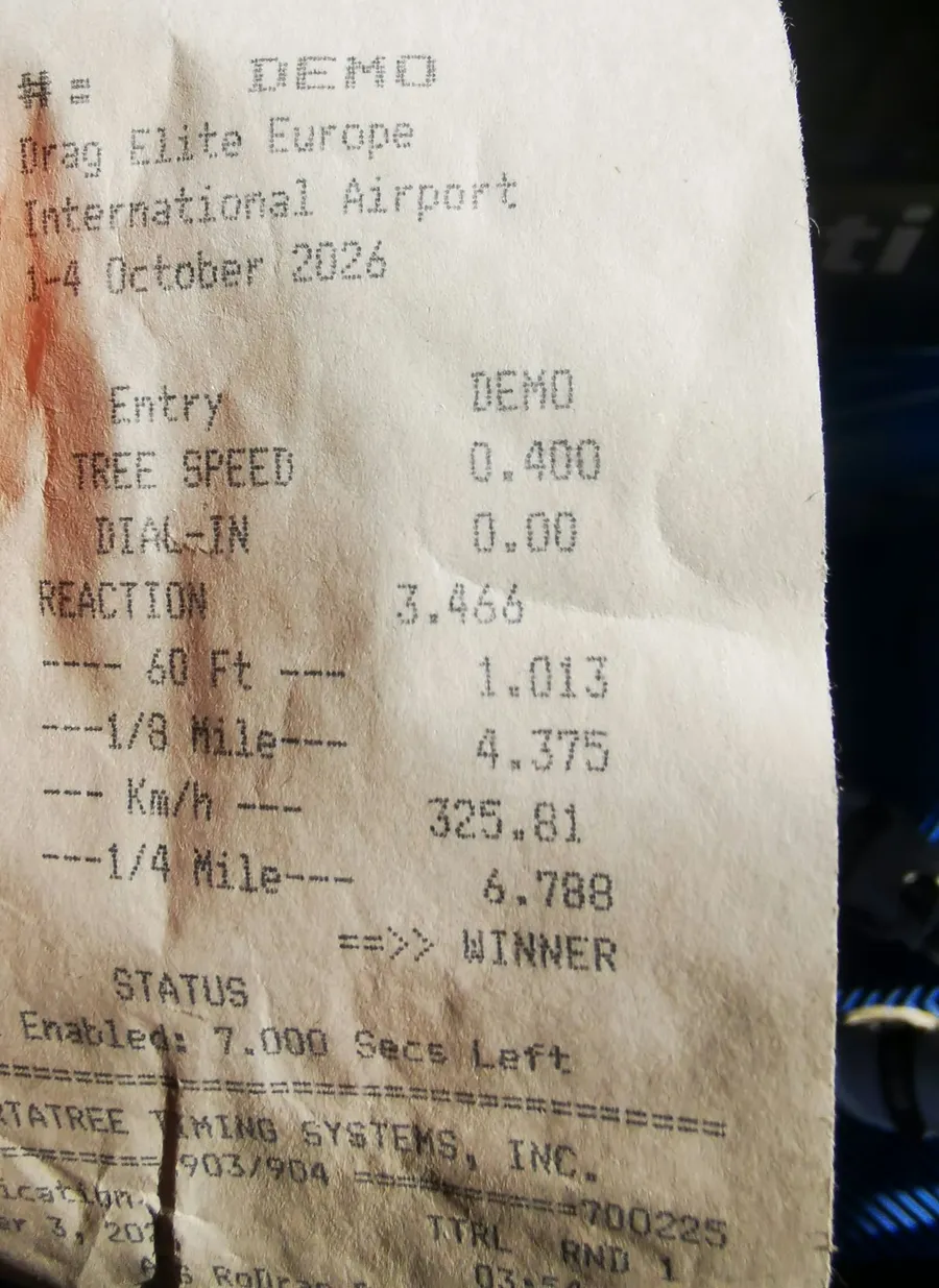 Official Portatree timeslip from Drag Elite Europe, 3 October 2026: 60 ft 1.013, 1/8 mile 4.375, 325.81 km/h, 1/4 mile 6.788