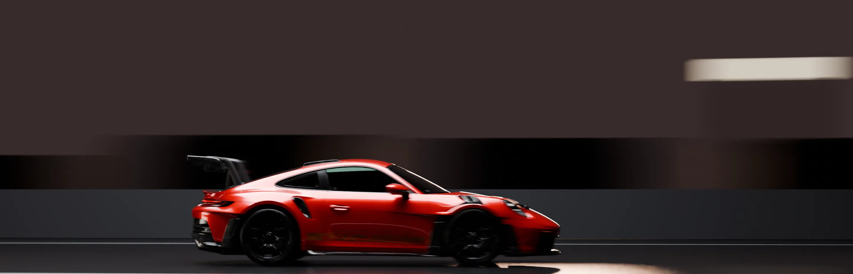 A red sports car at speed on an airport drag strip at dusk, timed by a DashCAN Apex