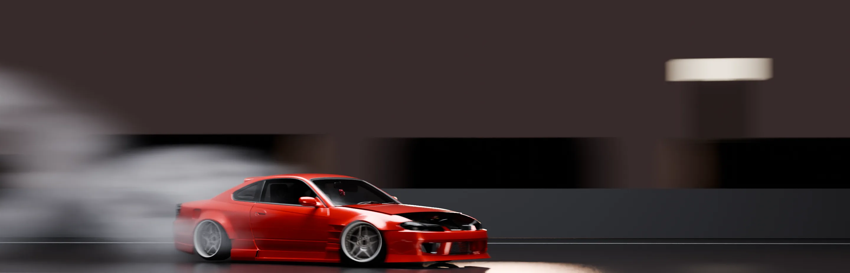 A red Nissan S15 drifting on an airport strip with tyre smoke, its drift angle measured by a DashCAN Apex