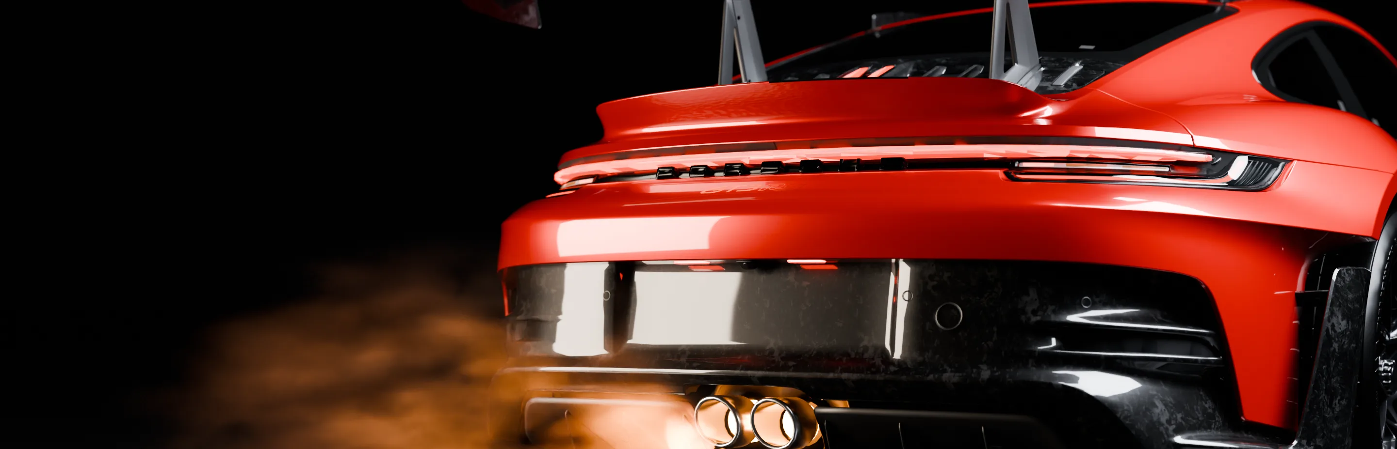 Close-up of the glowing exhaust tips of a red sports car at night with live engine data