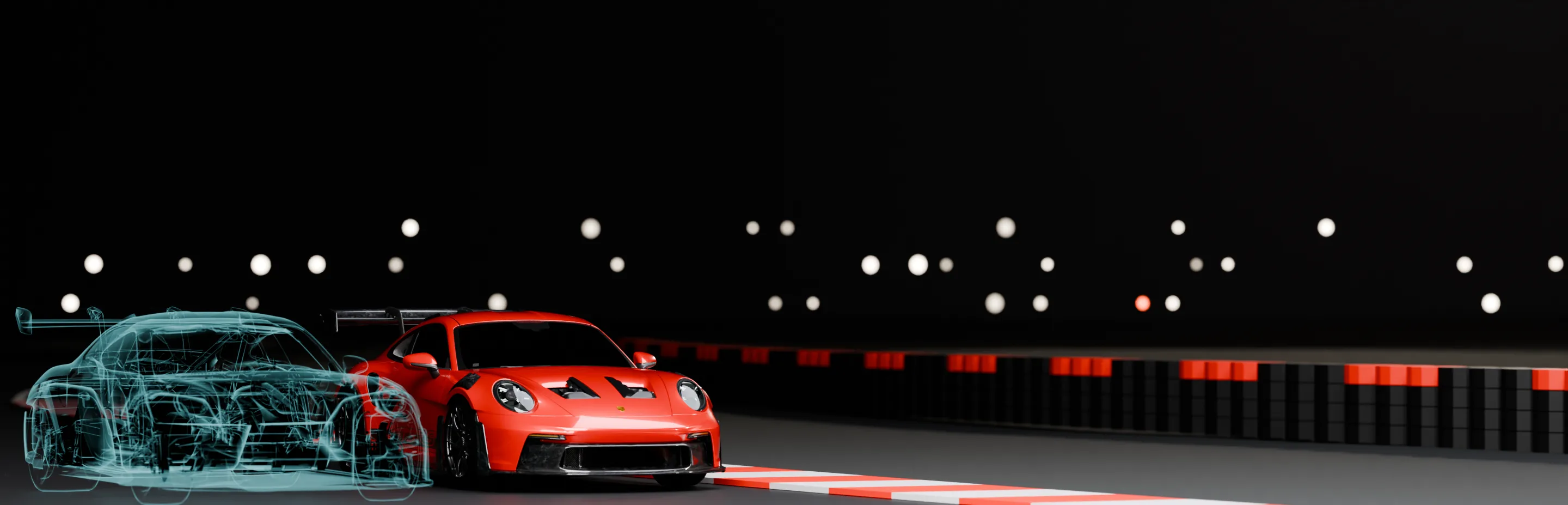 A red sports car at night with a translucent cyan ghost car of its best lap beside it