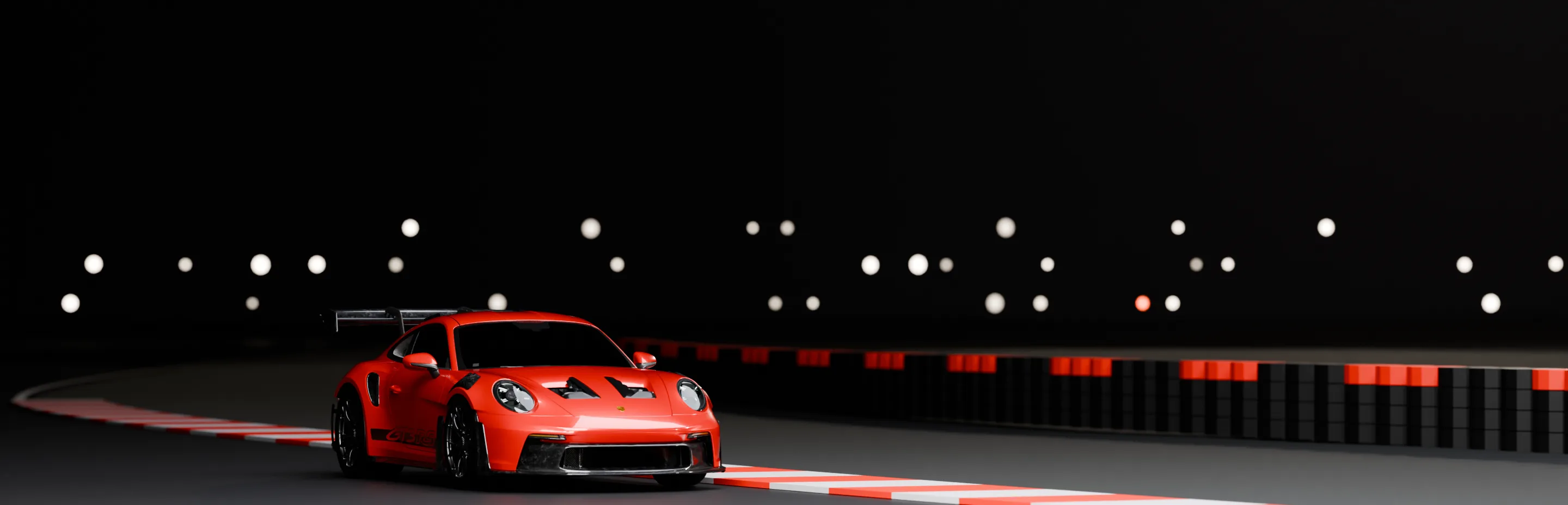 A red sports car at the apex of a floodlit corner at night with a lap timing overlay