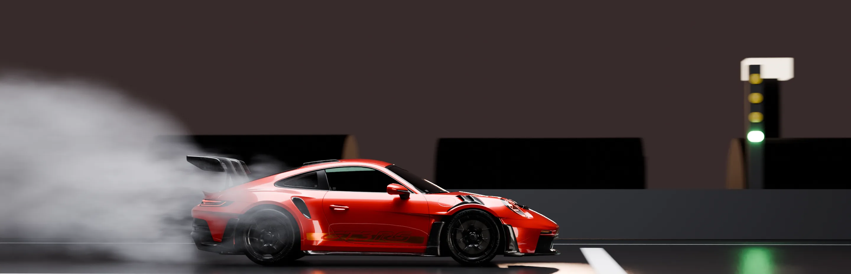 A red sports car launching off the start line of an airport drag strip with wheelspin and smoke